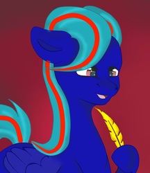 Size: 933x1080 | Tagged: safe, artist:mirdal, oc, oc:hellfire, pegasus, pony, cyrillic, feather, looking down, male, open mouth, pegasus oc, red background, red eyes, russian, simple background, writer