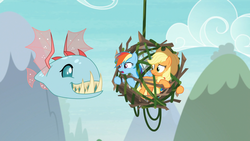 Size: 1920x1080 | Tagged: safe, screencap, applejack, ocellus, rainbow dash, biteacuda, earth pony, fish, pegasus, pony, g4, non-compete clause, branches, cage, dangling, disguise, disguised changeling, fangs, female, flying, frown, grin, gritted teeth, mare, scared, smiling, stick, trapped, trio, vine