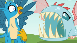 Size: 1920x1080 | Tagged: safe, screencap, gallus, ocellus, biteacuda, fish, griffon, g4, non-compete clause, disguise, disguised changeling, duo, fangs, open mouth, scared, spread wings, wings