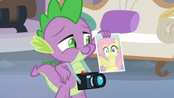 Size: 1920x1080 | Tagged: safe, screencap, fluttershy, spike, dragon, pegasus, pony, g4, non-compete clause, camera, discovery family logo, faic, female, male, mare, out of context, photo, red eye, smiling, spike's photo