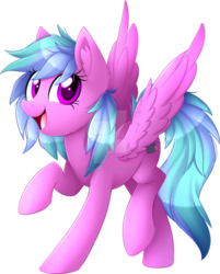 Size: 1024x1271 | Tagged: safe, artist:scarlet-spectrum, oc, oc only, pegasus, pony, ear fluff, female, leg fluff, looking at you, mare, multicolored hair, multicolored mane, multicolored tail, open mouth, raised hoof, raised leg, simple background, smiling, solo, spread wings, transparent background, watermark, wings