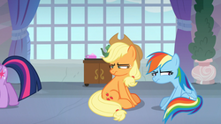 Size: 1920x1080 | Tagged: safe, screencap, applejack, rainbow dash, pony, g4, non-compete clause, discovery family logo