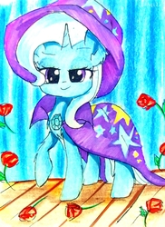 Size: 1644x2257 | Tagged: safe, artist:liaaqila, trixie, pony, unicorn, g4, brooch, cape, clothes, commission, cute, diatrixes, female, flower, hat, horn, jewelry, looking at you, mare, raised hoof, rose, smiling, smiling at you, solo, stage, traditional art, trixie's brooch, trixie's cape, trixie's hat