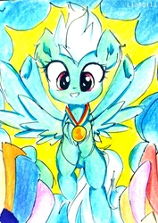 Size: 1817x2565 | Tagged: safe, artist:liaaqila, fleetfoot, pegasus, pony, g4, commission, cute, diafleetes, female, mare, medal, solo, traditional art