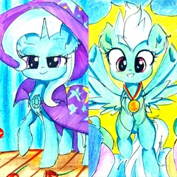 Size: 1720x1720 | Tagged: safe, artist:liaaqila, fleetfoot, trixie, pegasus, pony, unicorn, g4, cape, clothes, commission, cute, duo, female, flower, hat, medal, raised hoof, rose, smiling, stage, traditional art, trixie's cape, trixie's hat