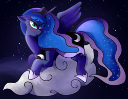 Size: 1900x1474 | Tagged: safe, artist:peacocku, princess luna, alicorn, pony, g4, blushing, cloud, fanart, female, mare, night, on a cloud, solo, stars