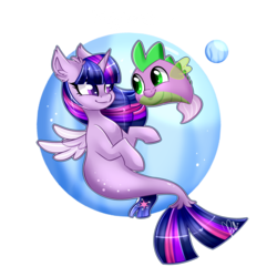 Size: 3000x3000 | Tagged: safe, artist:colirosablitz, spike, twilight sparkle, alicorn, fish, puffer fish, seapony (g4), g4, my little pony: the movie, bubble, dorsal fin, duo, female, fin wings, fish tail, flowing mane, green eyes, high res, horn, looking at each other, male, purple eyes, seaponified, seapony twilight, simple background, smiling, species swap, spike the pufferfish, tail, transparent background, twilight sparkle (alicorn), underwater, water, wings
