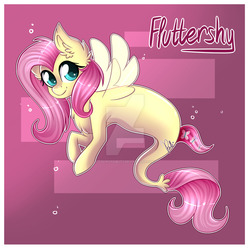 Size: 1024x1024 | Tagged: safe, artist:colirosablitz, fluttershy, pegasus, pony, seapony (g4), g4, blue eyes, bubble, deviantart watermark, digital art, dorsal fin, ear fluff, female, fin, fin wings, fins, flowing mane, flowing tail, looking at you, mare, obtrusive watermark, pink background, seaponified, seapony fluttershy, signature, simple background, solo, species swap, swimming, tail, underwater, water, watermark, wings