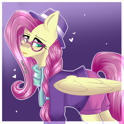 Size: 3000x3000 | Tagged: safe, artist:colirosablitz, fluttershy, pegasus, pony, fake it 'til you make it, g4, alternate hairstyle, clothes, female, glasses, hat, high res, hipstershy, mare, solo, sweater, sweatershy