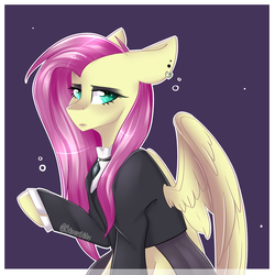 Size: 3000x3000 | Tagged: safe, artist:colirosablitz, fluttershy, pegasus, pony, fake it 'til you make it, g4, ear piercing, earring, female, fluttergoth, high res, jewelry, looking at you, mare, piercing, solo