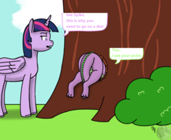 Size: 1198x976 | Tagged: safe, alternate version, artist:wyntermoon, spike, twilight sparkle, alicorn, dragon, pony, g4, bush, fat, fat spike, request, scales, stuck, tail between legs, tree, twilight sparkle (alicorn)