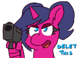 Size: 600x450 | Tagged: safe, artist:threetwotwo32232, oc, oc only, oc:fizzy pop, pony, unicorn, angry, delet this, dialogue, ear fluff, female, glare, gun, hand, mare, meme, open mouth, pigtails, simple background, smiling, smirk, solo, suddenly hands, text, transparent background, weapon