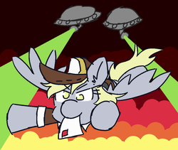 Size: 950x800 | Tagged: safe, artist:threetwotwo32232, derpy hooves, oc, pony, g4, 30 minute art challenge, epic derpy, female, flying, laser, letter, postmare, solo, ufo