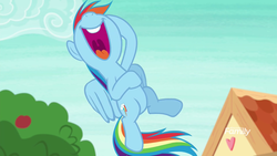 Size: 1920x1080 | Tagged: safe, screencap, rainbow dash, pegasus, pony, g4, non-compete clause, apple, discovery family logo, female, flying, food, laughing, mare, open mouth, sky, solo, tree, volumetric mouth