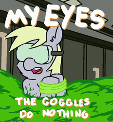 Size: 650x700 | Tagged: safe, artist:threetwotwo32232, derpy hooves, pegasus, pony, g4, 30 minute art challenge, dialogue, female, male, mare, my eyes, my eyes the goggles do nothing, parody, safety goggles, solo, the simpsons