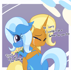 Size: 1662x1629 | Tagged: safe, artist:dragonpone, derpibooru exclusive, sunflower spectacle, trixie, pony, unicorn, bouquet, butt, crying, cute, daughter, dialogue, diatrixes, duo, duo female, eyes closed, feels, female, floppy ears, flower, heart, hug, like mother like daughter, like parent like child, looking back, mare, mother, mother and daughter, mother's day, plot, sad, smiling, sunflower, teary eyes