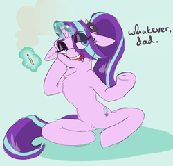 Size: 754x720 | Tagged: safe, artist:honigbananee, artist:opalmond, starlight glimmer, pony, unicorn, g4, the parent map, anatomically incorrect, chest fluff, cigarette, dialogue, emo, female, goth, incorrect leg anatomy, piercing, ponytail, smoking, solo, teenage glimmer, teenager