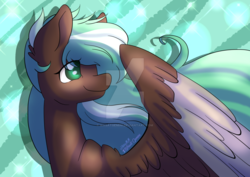 Size: 1024x724 | Tagged: safe, artist:wasatgemini, oc, oc only, pegasus, pony, abstract background, bust, colored pupils, colored wings, colored wingtips, ear fluff, female, large wings, long mane, looking back, mare, signature, smiling, solo, spread wings, two toned wings, watermark, wings