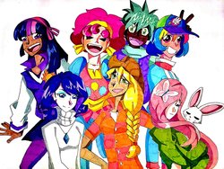 Size: 1280x961 | Tagged: safe, artist:artfrog75, angel bunny, applejack, fluttershy, pinkie pie, rainbow dash, rarity, spike, twilight sparkle, human, g4, dark skin, humanized, mane seven, mane six, traditional art