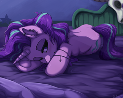 Size: 1280x1024 | Tagged: safe, artist:blackkaries, starlight glimmer, pony, unicorn, g4, the parent map, accessory, bed, blushing, cute, ear piercing, earring, emo, female, frog (hoof), glimmerbetes, goth, horn, indoors, jewelry, lidded eyes, looking at you, lying down, lying on bed, mare, messy mane, on bed, one eye closed, piercing, smiling, solo, starlight's room, teenage glimmer, teenager, underhoof