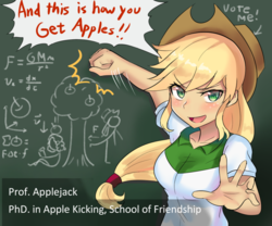 Size: 800x667 | Tagged: safe, artist:tzc, applejack, human, equestria girls, g4, school daze, anime, chalkboard, clothes, cowboy hat, cute, female, hat, humanized, isaac newton, jackabetes, looking at you, physics, punch, sir isaac newton, smiling, smirk, stetson