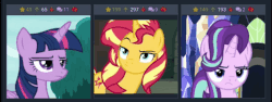 Size: 620x234 | Tagged: safe, screencap, starlight glimmer, sunset shimmer, twilight sparkle, alicorn, pony, unicorn, derpibooru, equestria girls, equestria girls series, forgotten friendship, g4, most likely to be forgotten, non-compete clause, shadow play, animated, female, frown, gif, horn, juxtaposition, magical trio, mare, meta, raised eyebrow, starlight glimmer is not amused, sts trinity, sunset shimmer is not amused, twilight sparkle (alicorn), twilight sparkle is not amused, twilight's castle, unamused