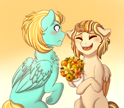 Size: 609x530 | Tagged: safe, artist:miamaha, lightning dust, oc, oc:summer rush, pegasus, pony, g4, blushing, cute, daughter, eyes closed, female, flower, happy, lightning, mare, mother and daughter, mother's day, next generation, offspring, parent:dumbbell, parent:lightning dust, parents:lightningbell, smiling