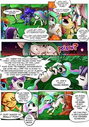 Size: 747x1069 | Tagged: safe, artist:candyclumsy, apple bloom, applejack, princess celestia, princess luna, rainbow dash, rarity, sweetie belle, earth pony, pegasus, pony, unicorn, comic:two sisters go camping, g4, comic, drama queen, missing horn, tree, wingless