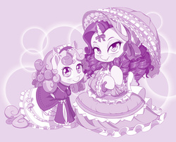 Size: 1490x1200 | Tagged: safe, artist:dstears, rarity, sweetie belle, pony, unicorn, g4, abstract background, clothes, dress, duo, female, filly, frilly dress, gradient background, hoof hold, lolita fashion, looking at you, mare, monochrome, purple, siblings, sisters, smiling, umbrella