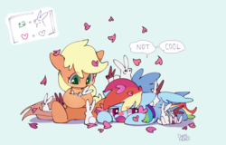 Size: 2558x1633 | Tagged: safe, artist:dusty-munji, applejack, rainbow dash, earth pony, pegasus, pony, rabbit, g4, chibi, cute, dashabetes, duo, female, green background, heart, jackabetes, mare, simple background, weapons-grade cute