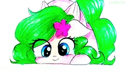 Size: 3934x2212 | Tagged: safe, artist:liaaqila, oc, oc only, oc:blossom, pony, female, high res, looking at you, mare, simple background, smiling, solo, traditional art