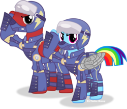 Size: 1024x878 | Tagged: safe, artist:anonymous, rainbow dash, oc, oc:whopper, pegasus, pony, g4, armor, clothes, goggles, helmet, metal, pilot, salute, simple background, soldier, transparent background, uniform, vector, wings