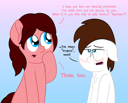 Size: 4500x3629 | Tagged: safe, artist:aarondrawsarts, oc, oc:brain teaser, pony, dialogue, embarrassed, female, male, mother, mother and son, mother's day, tumblr