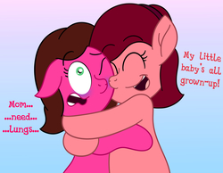 Size: 4500x3497 | Tagged: safe, artist:aarondrawsarts, oc, oc:rose bloom, pony, dialogue, female, hug, mother, mother and daughter, mother's day, strangling, suffocating, tumblr