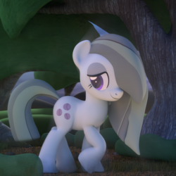 Size: 1920x1920 | Tagged: safe, artist:fillerartist, marble pie, earth pony, pony, g4, 3d, blender, blender cycles, detailed, dirt, female, foliage, forest, grass, looking away, outdoors, raised hoof, scenebuild, shy, smiling, smirk, solo, tree