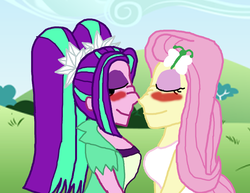 Size: 2000x1541 | Tagged: safe, artist:bigpurplemuppet99, aria blaze, fluttershy, equestria girls, g4, ariashy, blushing, boop, clothes, duo, eyes closed, female, lesbian, mutual booping, noseboop, shipping, tank top