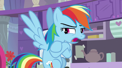 Size: 1280x720 | Tagged: safe, screencap, rainbow dash, pegasus, pony, g4, non-compete clause, crossed hooves, female, flower, flying, mare, open mouth, solo, unamused