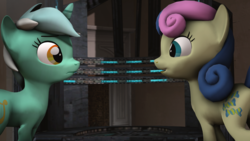 Size: 1920x1080 | Tagged: safe, artist:goatcanon, bon bon, lyra heartstrings, sweetie drops, earth pony, pony, unicorn, comic:lyra's story, g4, 3d, adorabon, cute, duo, female, looking at each other, lyrabetes, mare