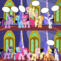 Size: 1000x1000 | Tagged: safe, applejack, fluttershy, pinkie pie, rainbow dash, rarity, twilight sparkle, alicorn, pony, g4, comic, fill in the blanks, mane 6 interests (tv edition), mane six, meme, template, twilight sparkle (alicorn)