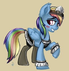 Size: 632x648 | Tagged: safe, artist:sharpy, rainbow dash, pegasus, pony, g4, bedroom eyes, blushing, clothes, cuffs (clothes), cute, dashabetes, dress, female, grin, maid, mare, moe, rainbow maid, raised hoof, simple background, skirt, skirt lift, smiling, solo, stockings, thigh highs, wings