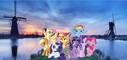 Size: 2048x965 | Tagged: dead source, safe, artist:php77, editor:php77, applejack, fluttershy, pinkie pie, rainbow dash, rarity, spike, starlight glimmer, sunset shimmer, twilight sparkle, alicorn, pony, g4, my little pony: the movie, irl, netherlands, photo, ponies in real life, twilight sparkle (alicorn), wallpaper, water, windmill