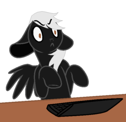 Size: 555x537 | Tagged: safe, artist:sky gamer, oc, oc only, oc:alex sinfalair, pegasus, pony, computer, floppy ears, frustrated, laptop computer, simple background, solo, table, transparent background