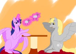Size: 1024x725 | Tagged: safe, artist:dread16knight25, derpy hooves, twilight sparkle, alicorn, cow, pegasus, pony, g4, duo, father ted, female, glowing horn, horn, mare, parody, table, toy, twilight sparkle (alicorn)