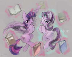 Size: 1400x1099 | Tagged: safe, artist:kuzumori, starlight glimmer, twilight sparkle, alicorn, pony, g4, book, duo, glowing horn, gray background, horn, levitation, magic, magic aura, simple background, spread wings, telekinesis, twilight sparkle (alicorn), watermark, wings