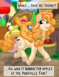 Size: 720x937 | Tagged: safe, artist:texasuberalles, applejack, pear butter, earth pony, pony, g4, applejack's hat, applejack's parents, colored hooves, cowboy hat, duo, fair, female, filly, filly applejack, hat, hot minute, looking back, mare, mother and daughter, ponies riding ponies, riding, underhoof, unshorn fetlocks, younger