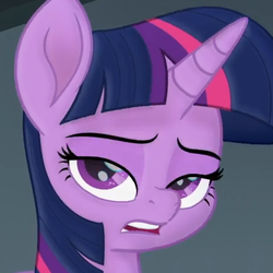Size: 500x500 | Tagged: safe, screencap, twilight sparkle, alicorn, pony, my little pony: the movie, cropped, female, looking at you, mare, open mouth, reaction image, solo, twilight sparkle (alicorn), twilight sparkle is not amused, unamused
