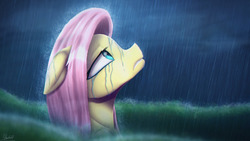 Size: 3840x2160 | Tagged: safe, artist:equestrian-downfall, fluttershy, pony, g4, bust, crying, female, floppy ears, high res, looking up, mare, profile, rain, solo, storm