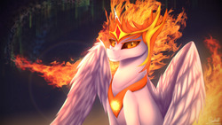 Size: 1920x1080 | Tagged: safe, artist:equestrian-downfall, daybreaker, alicorn, pony, g4, female, jewelry, lens flare, looking at you, mane of fire, mare, regalia, sitting, smiling, solo