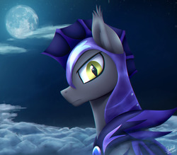 Size: 1738x1525 | Tagged: safe, artist:equestrian-downfall, bat pony, pony, g4, armor, cloud, helmet, looking at you, looking over shoulder, male, moon, night guard, slit pupils, solo, stallion