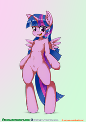 Size: 707x1000 | Tagged: safe, alternate version, artist:iloota, twilight sparkle, alicorn, semi-anthro, g4, arm hooves, belly button, bipedal, cute, female, looking at you, mare, missing accessory, open mouth, patreon, patreon logo, smiling, solo, standing, twiabetes, twilight sparkle (alicorn)